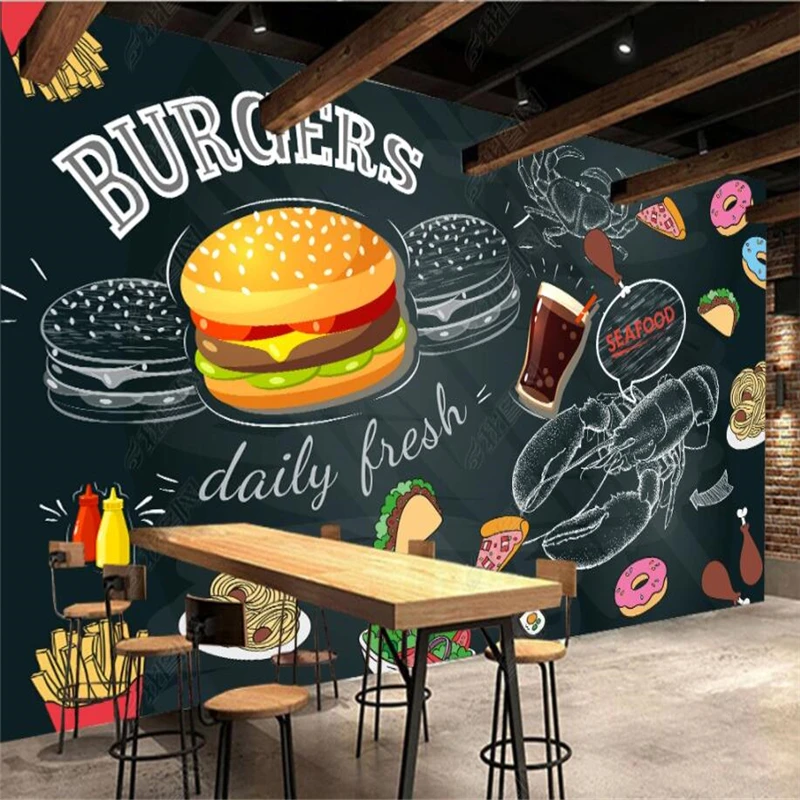Food Snacks Background - Schoolbord handgeschilderde hamburgers frietjes behang fastfood
